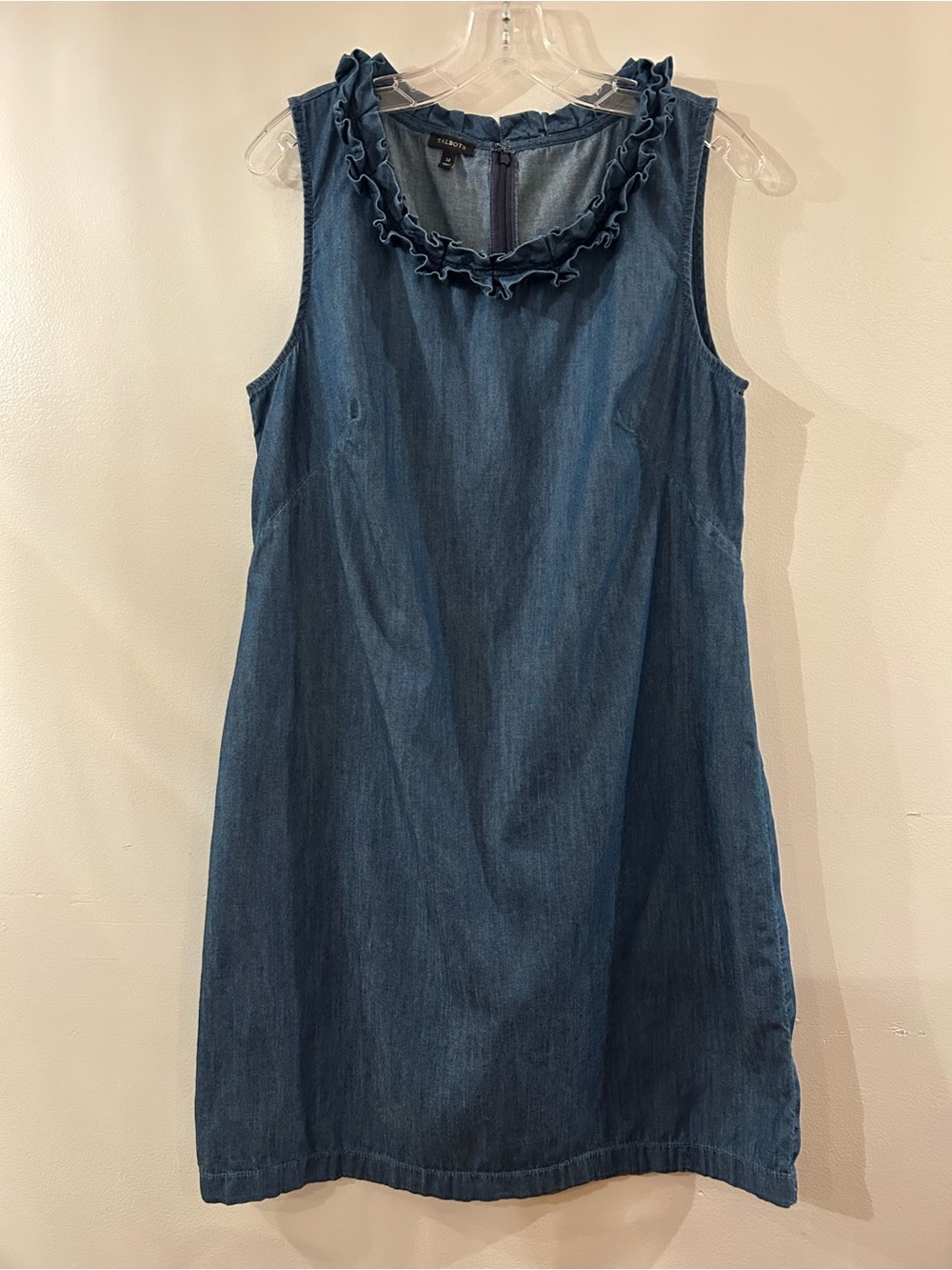 Talbots Blue Denim Chambray Ruffle Neck Sleeveless Shift Dress Casual Coastal